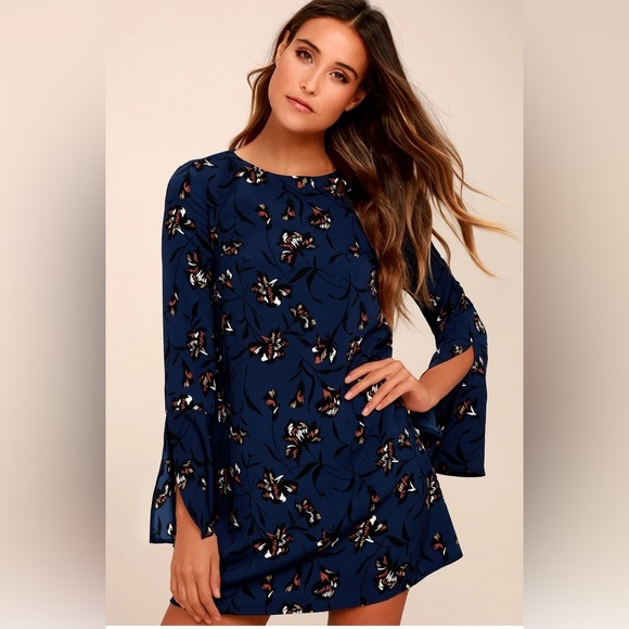 Lulu’s Pleasant Valley Navy Blue Floral Print Long Sleeve Shift Dress small - Picture 1 of 8